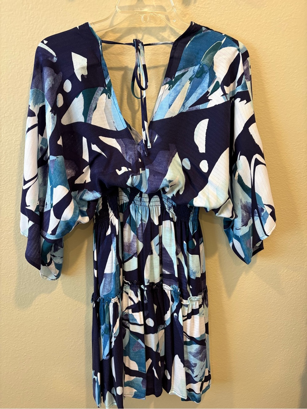 lovestitch Navy, Teal, and White Abstract Tie-Back V-Neck Mini Dress
